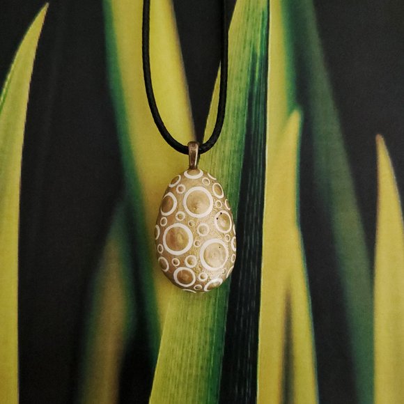 Hand Painted Dot Art Pendant. Gold with Parchment and Gold Spheres - Picture 14 of 16